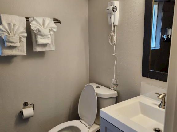 A small bathroom with a toilet, sink vanity, wall-mounted towels, a mirror, and a plugged-in wall-mounted hair dryer near the mirror.