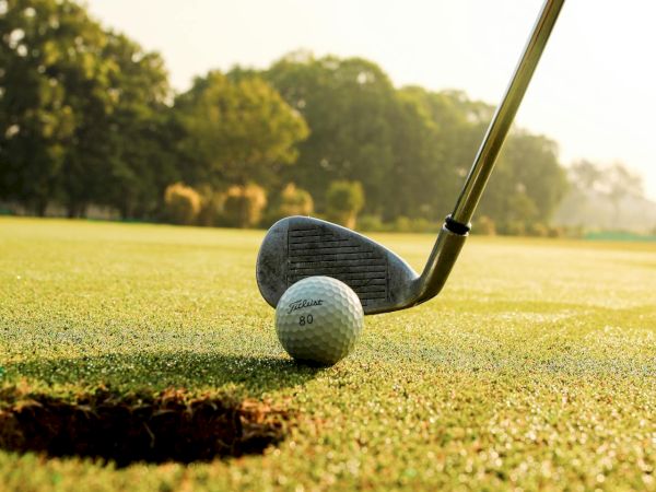 A golf club aimed at a ball near a hole on a sunny green, ready for a putt.