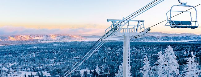A snowy ski resort with a chairlift rising over frosted trees, mountain horizon in the distance, and a clear pale sky.