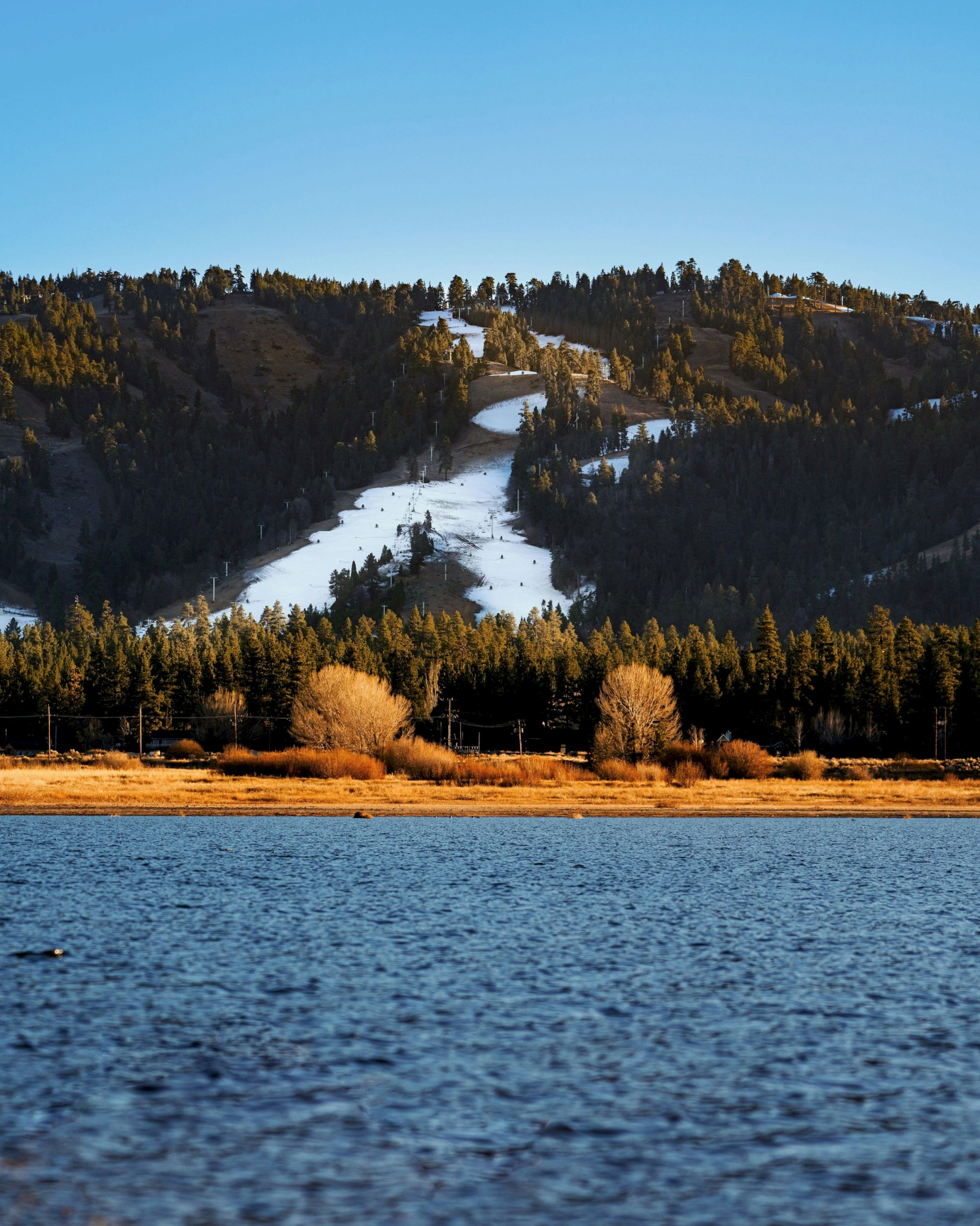 A snowy ski slope rising behind a forested hillside, with a calm blue lake and golden grasses in the foreground, under a clear sky.